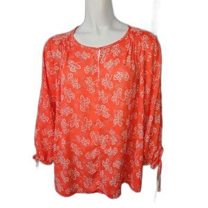 Collective Concepts Orange And White Floral Print Blouse Womens Size Large